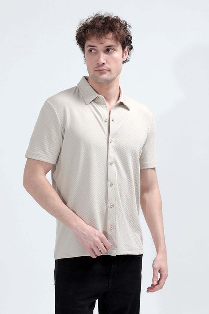 Men's Short Sleeve Buttoned Textured Shirt Stone - 26Y 4093