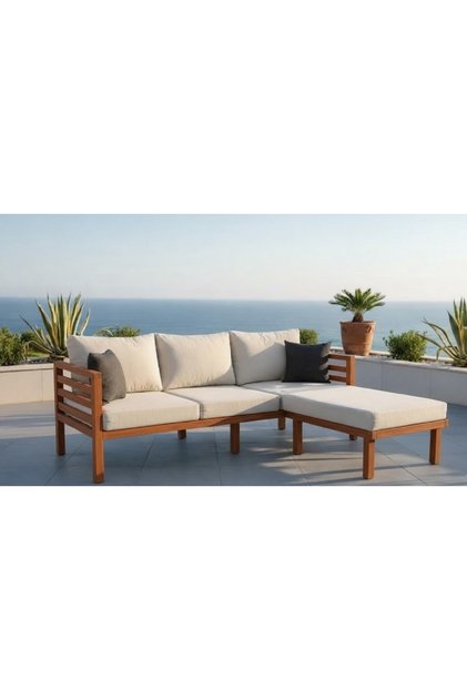 Puzzle Masif Kestane Ahşap Bahçe Balkon Köşe Takımı - Krem