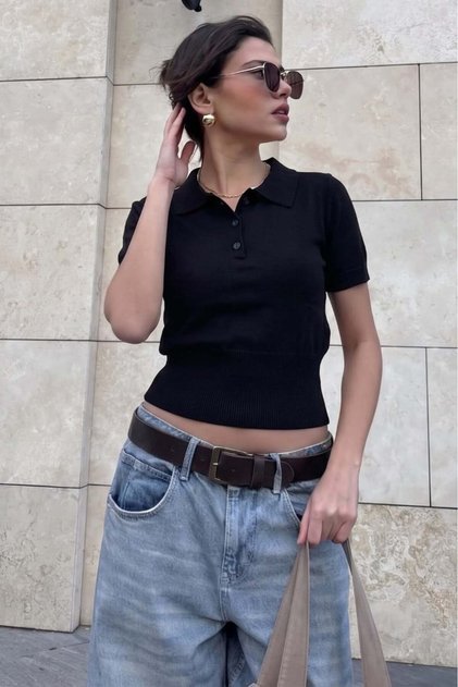 تي شيرت تريكو أسود برقبة بولو قصة ضيقة MG2805