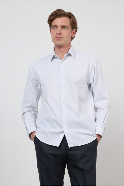 White-Blue Hard Collar Long Sleeve Pocketless Slim Fit Cotton Shirt 1004260210