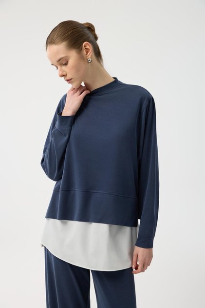 Modal Cupra Slit Short Sweatshirt Navy Blue