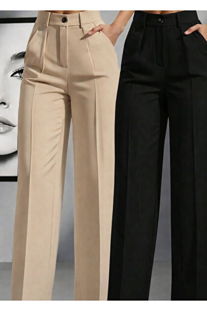 Women's Beige Black 2-Piece High Waist Loose Cut Pants