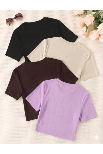 Women's 4-Pack Cycling Collar Ka Ribbed Knit I Corded Fabric Umaş Body-Hugging T-Shirt
