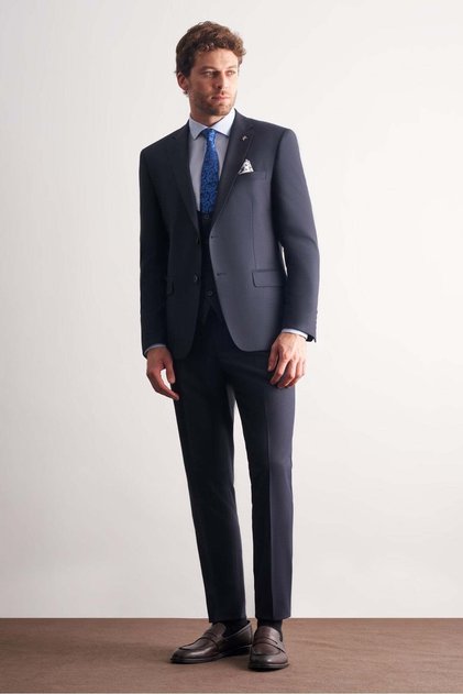 Navy Blue Mono Collar Vest 6 Drop Slim Fit Full Lining Flexible Suit 1001260186
