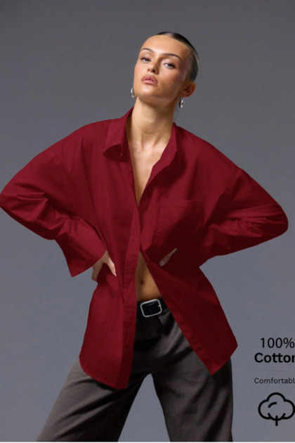 Kadın Oversize Gömlek Uzun Kollu Basic Salaş Kesim Poplin Trend Şık Günlük Gömlek