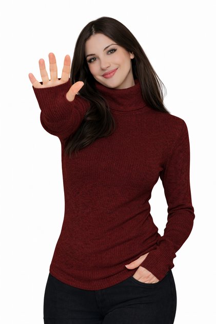 Burgundy Turtleneck Body Sweater with Finger Detail