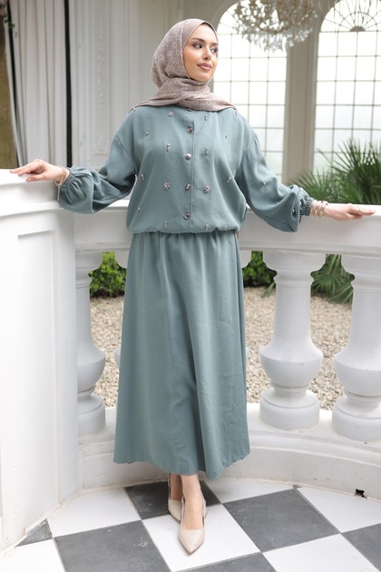 Çağla Sleeveless and Waist Elasticized Stoned Jacket and Skirt Set