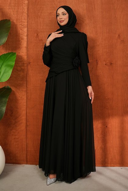 Black Draped Front Evening Dress