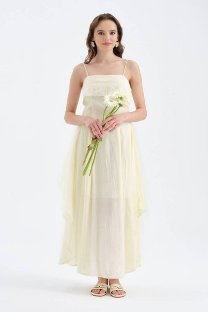 Women's Strappy Design Dress with Tulle Detail on the Sides and Lined Inside