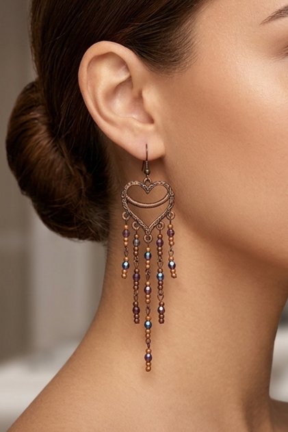 Crystal Ethnic Model Large Heart Earrings 11 Cm.