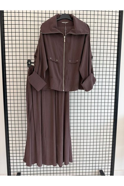 Zippered Double-Breasted Collared Blouse and Elastic Waist Skirt Top-Down Set