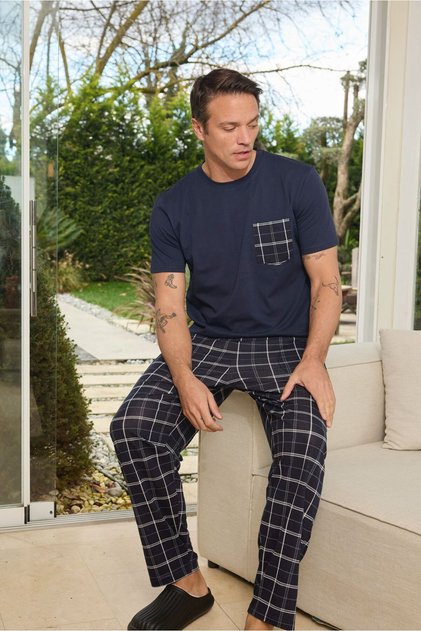 Premium Men's %100 Natural Cotton Plaid High Quality Short Sleeve Pocketed Pajama Set
