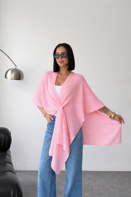 Women's Pink Front Detailed Poncho Cardigan