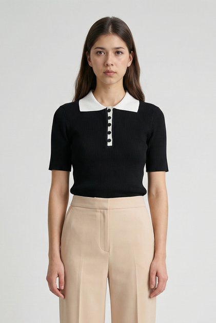 Black Short Sleeve Polo Collar Buttoned Slim Women's Knitwear T-Shirt Sweater