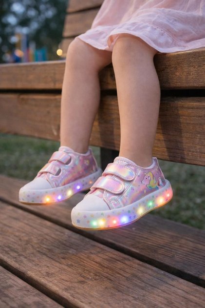 Kız Çocuk Işıklı Unicorn Desenli Hologram Spor Sneaker Ayakkabı