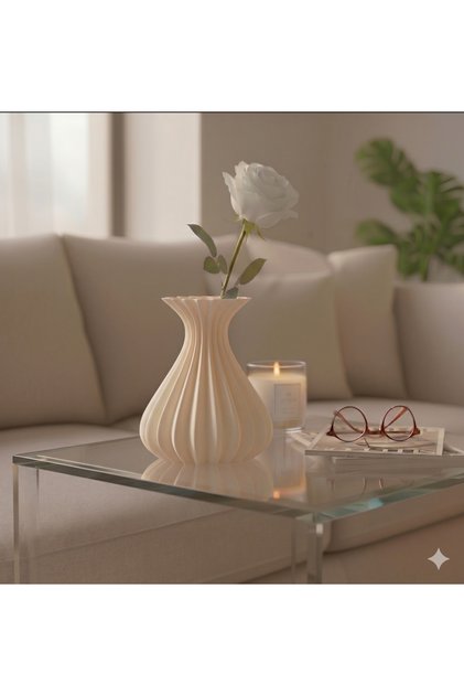 Vazo Modern Estetik 3D Baskı, 15 cm ,Dekoratif, Bohem Fildişi
