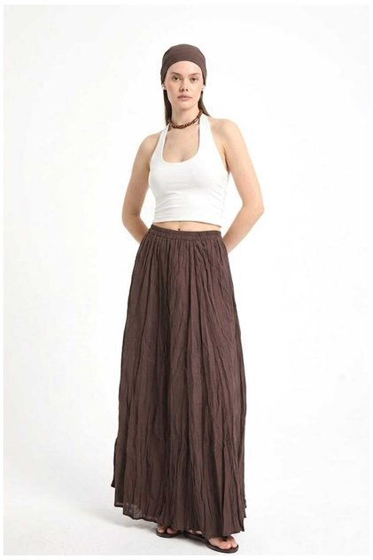 Women's Brown Voile Fabric Wrinkled Skirt with Elastic Waist and Long Lining