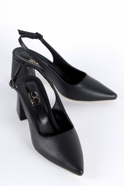 Women's Black Matte Leather Slingback Pointed Toe Thick Heeled Stylish Shoes 88
