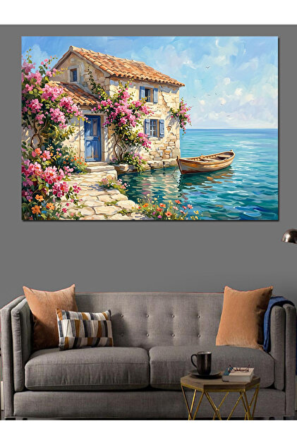 karizmart Deniz Kenarında Çiçekli Akdeniz Evi Dekoratif Kanvas
