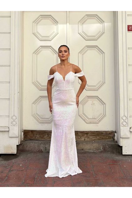 Women's Rope Strap Off-Shoulder V-Neck Tulle Detailed Fully Sequined Fishnet Long Evening Dress