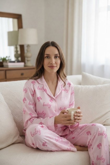 Silky Satin Women's Pajama Set Pink Patterned