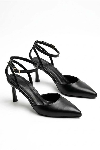 Women's Black Ankle Strap Pointed Toe 7 cm Thin Heel Stiletto Classic Heeled Shoes Tt001