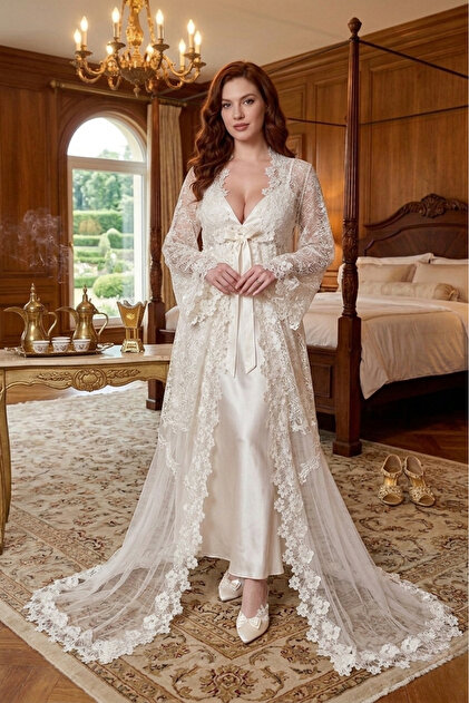 Big Mama Dowry Bridal Dressing Gown Set - Satin Lace Double Luxury Nightgown Honeymoon Set- Trendyol Big Mama Dowry Bridal Dressing Gown Set - Satin Lace Double Luxury Nightgown Honeymoon Set- Trendyol