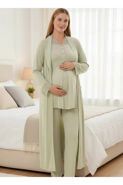 Women's Lace Long Sleeve 3-Piece Maternity Pajama Set with Dressing Gown