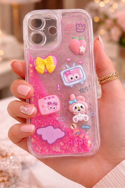 iPhone 17 Case Transparent Protective Cover with Moving Glitter 3D Characters and Love Figures