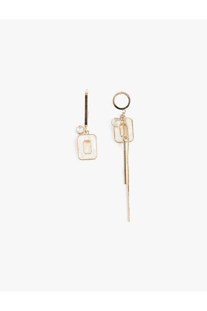 Stone Detailed Dangle Chain Steel Mixed Asymmetric Hoop Earrings