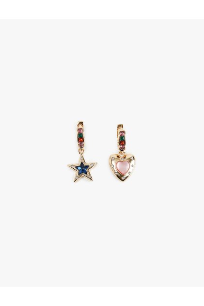 Asymmetric Hoop Earrings with Multicolor Stone Heart and Star Charms
