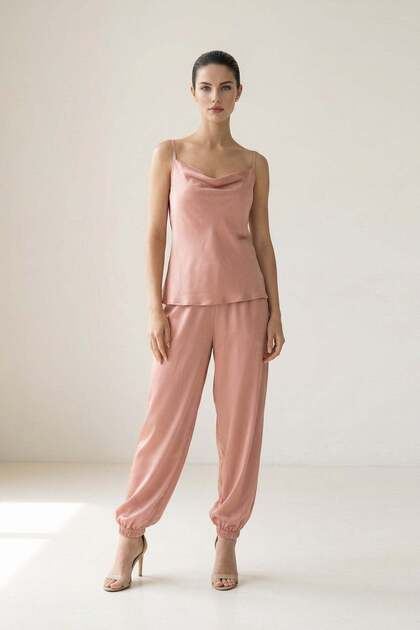 Salmon Thin Strap Collar Detailed Blouse Ankle Detailed Comfortable Cut Double Set