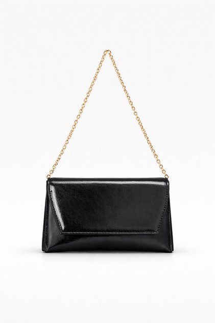 Black Bag with Leather Look Chain Strap for Women - Stylish Portfolio Clutch