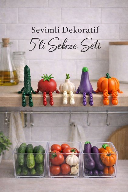 Sevimli 5’li Sebze Dekor Seti 3D Baskı Modern Mutfak Raf Süsü Şık ve Eğlenceli Tasarım