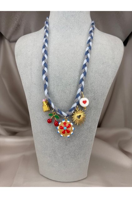 Fun Design Necklace with Colorful Charms, Cherry Heart and Sun Figure Accessory