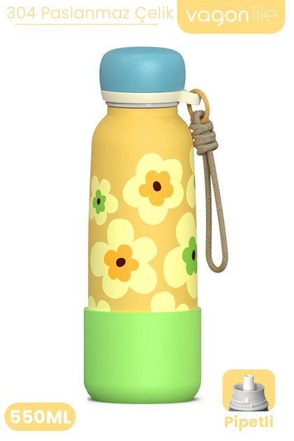 Patterned 550 ml Leak-Proof Stainless Steel Thermos Flask with Straw and Hand Strap, Bpa-Free 550ml 1103Ff