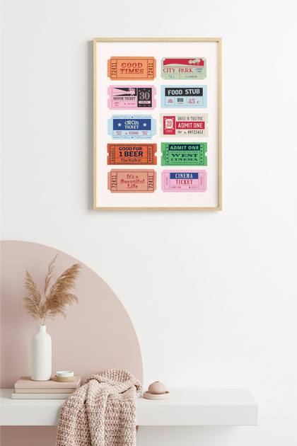 Natural Wood Framed Vintage Movie Ticket Table - Retro Entertainment Themed | Huhu2739 - Single Table Natural Wood Frame