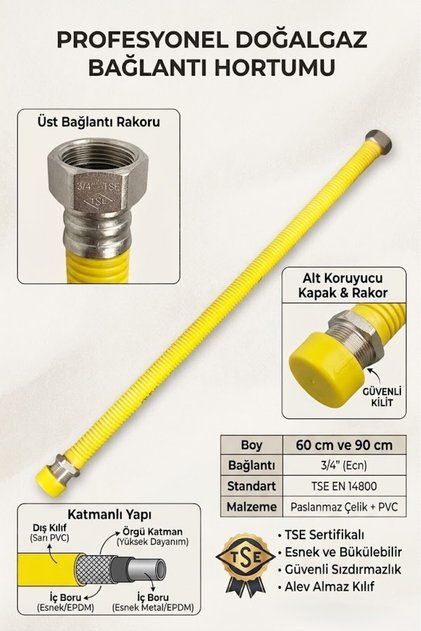 STANDART PASLANMAZ 3/4'' KOMBİ DOĞALGAZ BAĞLANTI FLEXSİ 90 CM