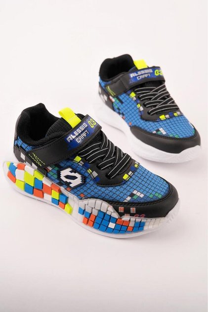 Colorful Block Sole Children's Sneaker Sports Shoes with Velcro and Laces