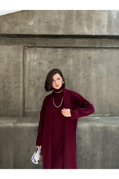 Fishnecklace Detailed Fishnecklace Dress with Cut-Outs - Long Shawl Collar Cardigan 130 cm Wrist Length