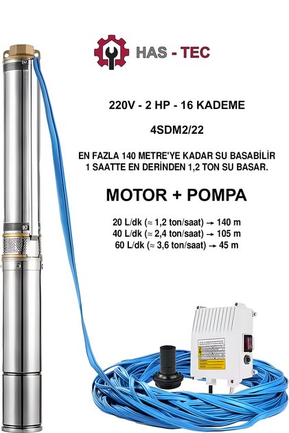 4SDM2/22 Derin Kuyu Dalgıç Pompa Seti | 2 HP - Monofaze Motor + Pompa + Kontrol Panosu Komple Set