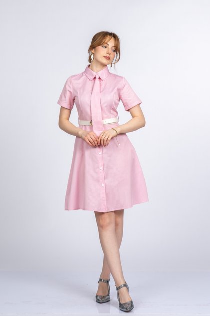 Women's Summer Pink Striped Shirt Dress Stylish Casual Comfortable 50382