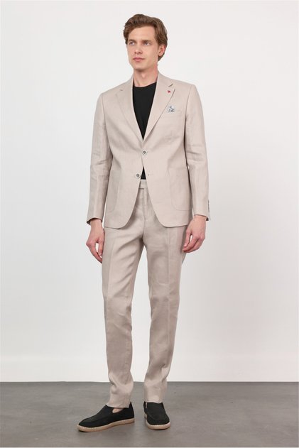 Beige Mono Collar Linen 6 Drop Slim Fit Half Lining 100% Linen Suit 1001260164