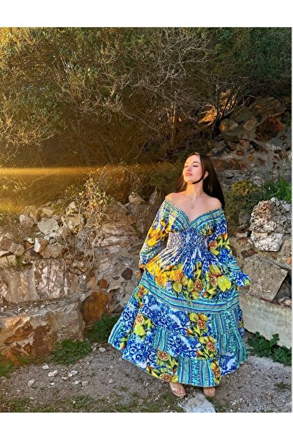 Senamco Limon desenli uzun Madonna yaka elbise - Fiyatı, Yorumları