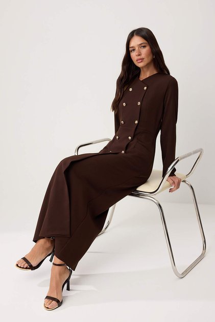 Brown Unlined Plain Woven Dress&Jumpsuit Finike Hijab Dress Tctss25Eb00027