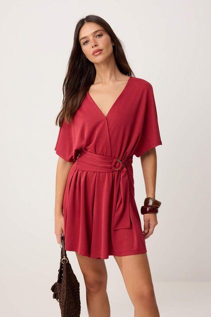 Red Shift Double Breasted Short Sleeve Belted Short / Mini Textured Knitted Jumpsuit Twoss26Tu00047
