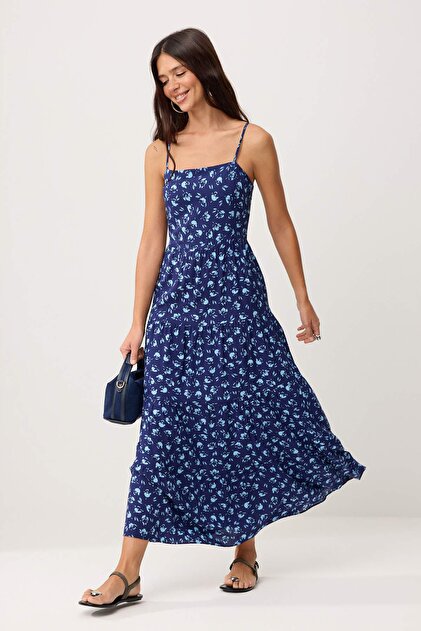Trendyolmilla Indigo A Kesim Çiçek Desenli Boho Askılı Midi Dokuma