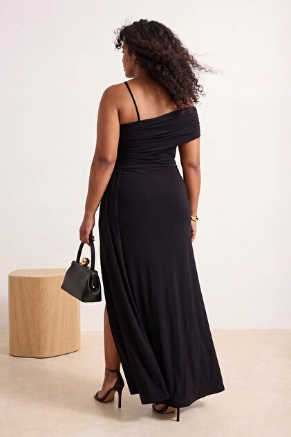 Trendyol Curve Black Asymmetrical Collar Detailed Long Plus Size Evening Dress Night Graduation New Year's Dress Tbbss26Ah00114- Trendyol Trendyol Curve Black Asymmetrical Collar Detailed Long Plus Size Evening Dress Night Graduation New Year's Dress Tbbss26Ah00114- Trendyol