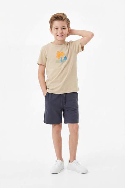 Taş Erkek Çocuk %100 Pamuk Sırt Baskılı Örme T-Shirt Şort Alt-Üst Takım TKDSS24AU00008