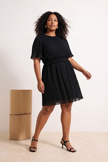 Trendyol Curve Black Black Pleated Lined Chiffon Flight Woven Mini Dress  Tbbss26Ah00036- Trendyol